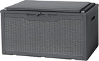 Flamaker Deck Box with Cushion 100 Gallon Waterproof Resin Storage Box with Air Rod Indoor Outdoor Lockable Storage Bench for Patio Furniture, Tools, Pool Accessories (Gray)