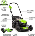 Greenworks 40V 20" Cordless Lawn Mower (Push), Axial Leaf Blower (500 CFM / 120 MPH),12" String Trimmer with 2 Batteries(5Ah+2Ah) and Chargers
