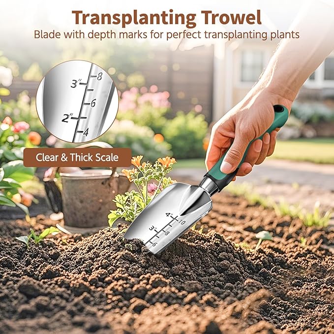 LASZOLA 3 Piece Garden Tool Set Include Hand Trowel Rake and Transplant Shovel for Women, Indoor Heavy Duty Small Spade Kit with Ergonomic Handle to Weed and Loosen, for Mom and Plant Beginner, Teal