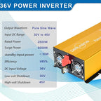 2500W Pure Sine Wave Inverter-36V DC to 110V 120V AC Power Converter with 2 AC Outlets, 36 Volt Power Inverter for Truck, Rv, Camping, Home, Emergency Power