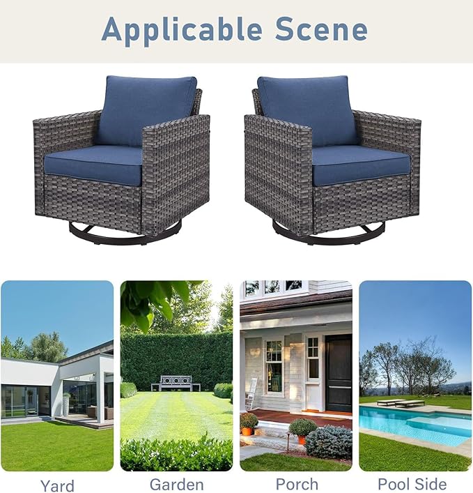Luxury Outdoor Swivel Rocker Patio Chairs Set of 2, Swivel Patio Chairs for Porch, Yard, Deck, Poolside, Grey/Blue