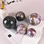 JIC Gem Natural Ocean Jasper Crystal Sphere with Wooden Stand Decorative Crystal Ball Healing Gemstone Sphere for Meditation,Feng Shui,Witch-Style Decor,Table 80-90mm