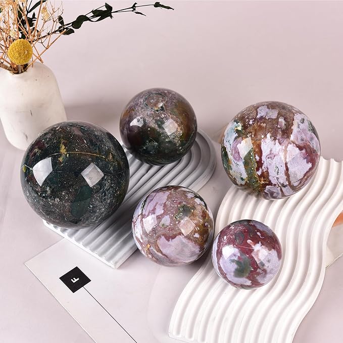 JIC Gem Large Healing Crystal Sphere with Stand Ocean Jasper Crystal Gemstone Decorative Ball for Home Decor Altar Reiki Healing Gift 90-100mm