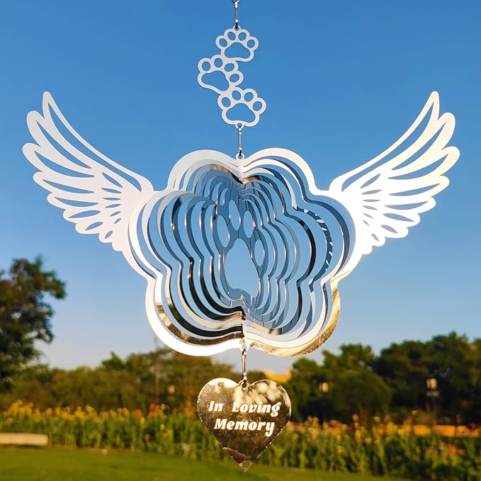 DJUAN Pet Memorial Wind Spinners, Dog Memorial Gifts,Stainless Steel Angel Wings Pet Paw Print,Dogs and Cats Remembrance, Pet Sympathy,Pet Loss Bereavement Gifts