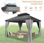 WKM 10x12 FT Hardtop Gazebo with Heavy Duty Galvanized Steel Double Roof, Aluminum Frame Permanent Pavilion with Curtains and Netting, Outside Canopy Gazebo for Patio, Deck and Backyard, Grey