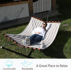TegerDeger 12FT 2 Person Hammock with Stand Included 55 x 79IN Large Hammock Quick Dry 450LB Capacity with V Shaped Hardwood Spreader Bar & Nylon Rope for Outside, Patio, Garden - Tender Beige Stripes