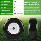 AR-PRO (2 Pack) 13 x 5.00-6" Flat Free Tire and Wheel, Replacement Solid Lawn Mower Tires with Rim, 3" Centered Hub and 3/4" Extra 5/8" Bearings - Fit for Most Riding Mower, Garden Lawn Tractor