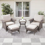 5 Pieces Wicker Patio Furniture Set - Hollow Widen Armrests Outdoor Rattan Chairs with Ottomans and Side Table, Small Patio Convention Set for Balcony Porch Deck and Yard - Brown/Beige