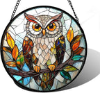 Stained Glass Window Hanging, Owl Colorful Leaves Birds Sun Catchers Diamond Glass Panel Hangings Suncatcher Decor for Birthday for Women, Men, Wife, Aunt, and Mom 9.8 in