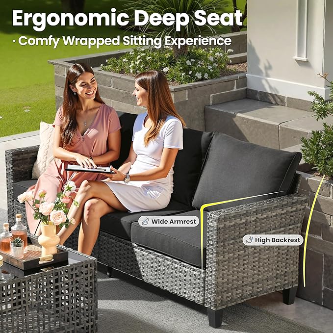 ovios 10 Pieces Patio Furniture Set with Swivel Chairs Rocking Gliders, 54" Fire Pit Table, Outdoor Sofa Couch with Solar Lights Table, Modern Deep Seat Wicker Rattan Conversation Set, Black