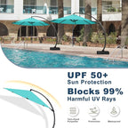 12FT Cantilever Umbrella with Base Large Curvy Outdoor Aluminum Offset Umbrella w/ 360° Rotation, UV Resistant Canopy for Patio, Garden, Backyard, Aqua Blue