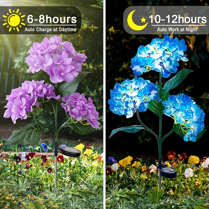 Aolyty Solar Garden Lights Outdoor, Solar Hydrangea Lights IP65 Waterproof LED Flowers Stake Lights 2 Pack for Garden Pathway Patio Backyard Landscape Decorative (Blue)