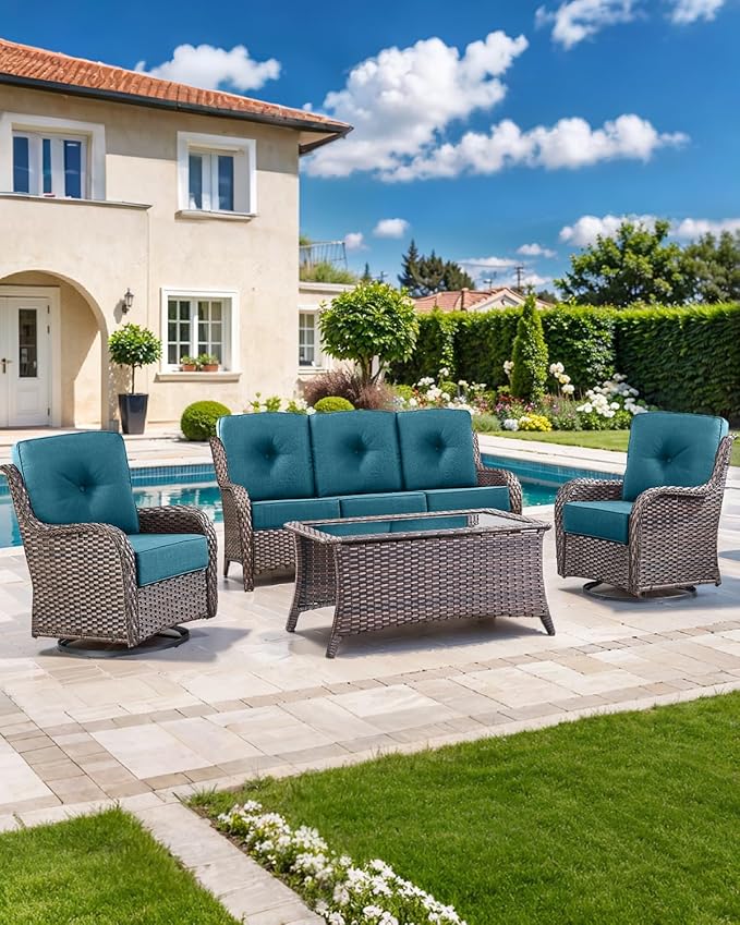 Luxury 22x24/22x25 6-Inch Patio Chair Cushions Set of 3 - Deep Seat Water Repellent Patio Cushion for Dining Rocking Swivel Chairs Loveseat 3-Seater Sectional Sofa - Peacock Blue