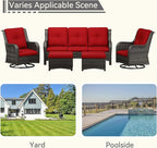 5 Pieces Outdoor Patio Furniture Set - Conversation Set Includes Wicker Swivel Rocker Chairs Set of 2, 2 Ottoman, 3 Seat Sofa, Suitable for Porch, Yard, Mixed Brown Rattan, Red