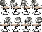 Set of 8 Cast Aluminum Patio Chairs with Cushions, All-Weather Aluminum Outdoor Swivel Chairs, Metal Outdoor Rocking Chairs for Backyard, Poolside and Bistro (Khaki, 8 Pieces)
