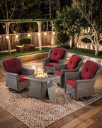 Outdoor Patio Swivel Gliders with Fire Pit Table 5 Piece Set - High Back Brown Wicker Rattan Rocking Chair with Thick Cushion for Porch Apartment Deck Yard Poolside Garden - Red