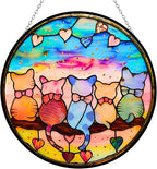 Valentine Stained Glass Window Hanging - 5 Cats on a Branch Suncatcher for Window Doors Home Decoration and Christmas Wall Decor, Mother's Day Birthday Gifts for Women, Mom, Lovers 6.3 in