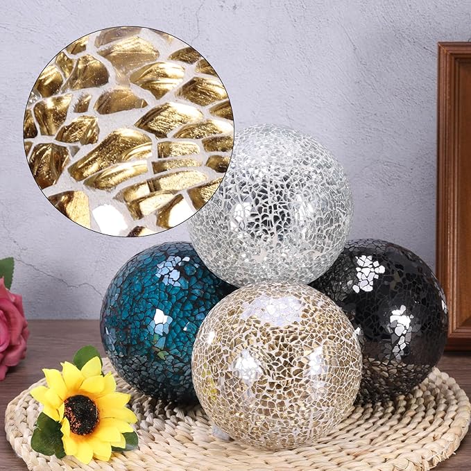 uxcell 4" Decorative Balls, 3 Pcs Mosaic Glass Balls, Decorative Table Sphere Orbs, Centerpiece Balls for Decorating Bowls Vase Tables Wedding Party, Blue