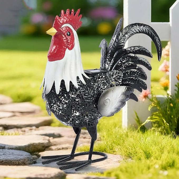 Metal Rooster Statue Yard Decor - 15" Solar Light Metal Yard Art Standing Chicken Statue Garden Decoration, Large Animal Sculpture Chicken Themed Gift for Outdoor Porch Patio Backyard Lawn Ornament