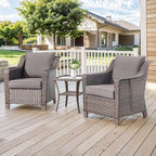 3 Pieces Patio Furniture Set-Wicker Patio Chairs Set of 2 with Tempered Glass End Table Outdoor Patio Chairs for Deck Balcony Poolside Backyard-Brown/Grey