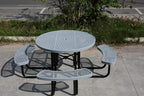 8-Person Picnic Tables for Outdoors, Industrial 46" Expanded Metal Round Picnic Table with 4 Benches & Umbrella Hole, Outside Table and Bench Set for Park, Garden, Backyard, Patio, Grey
