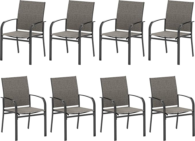 HERA'S HOUSE Patio Dining Chairs Set of 8, 36" Textilene Fabric Outdoor Chair with Wrought Iron Metal Frame Support 350lbs for Lawn Garden Backyard Kitchen, Brown