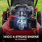 3 in 1 Gas Lawn Mower Self Propelled,141cc OHV Engine with Air Cooling, 20" Steel Deck, 8-Level Height Adjustment, 50L Grass Tank, Foldable Design Red