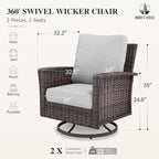 High Back Outdoor Swivel Chairs with 5.5" Thick Cushions, Wicker Rattan Patio Chairs Set of 2, Porch Deck Balcony Backyard Furniture, Grey