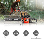 COOCHEER 62CC Gas Chainsaw, 20” 2-Stroke Portable Top Handle Woodcutting Saw with 2 Chain and Tool Kit, Chain saw Gas power for Tree Stumps, Tree Felling(Upgraded)