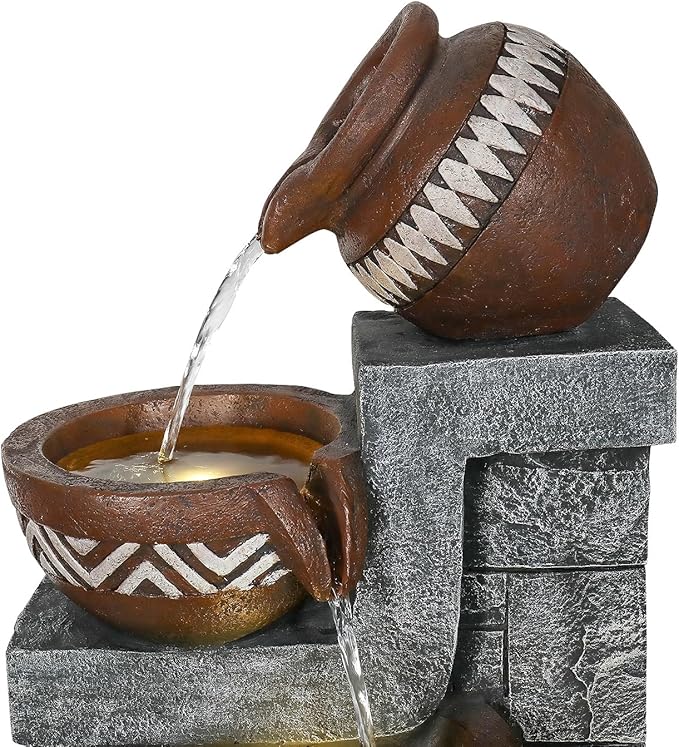 56.6" H 6-Tier Outdoor Water Fountain with LED Lights - Tall Cascading Jars Waterfall Feature with Tribal-Inspired Design for Garden, Patio, Yard, and Home Décor