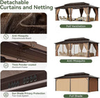 Aoxun 12'x20' Hardtop Gazebo, Aluminum Frame Permanent Pavilion with Curtains and Netting, Outdoor Polycarbonate Double Roof Canopy, Designed for Garden, Lawns, Patio