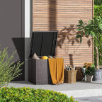 Tangkula 72 Gallon Square Deck Box, Patio Mix Brown Rattan Storage Container w/Zippered Liner & Solid Pneumatic Rod, Sturdy L-Shaped Aluminum Feet, Outdoor Wicker Deck Box for Front Porch, Backyard
