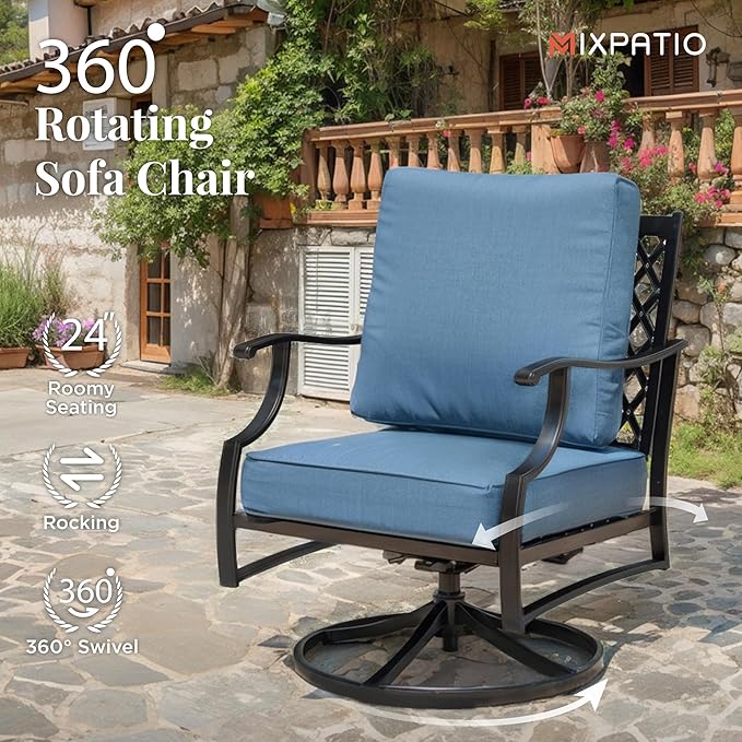 Swivel Patio Chairs Set of 2, High Back Outdoor Swivel Patio Metal Chairs with 5.75" Thick Cushions for Bistro Balcony Porch Deck and Yard, Navy Blue