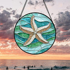 Stained Glass Window Hanging 4 Pcs Set Cyan Ocean Life Theme Large 11.8" - Sea Starfish Suncatcher Door Garden Sun Catcher Decor Birthday for Mom Woman Nana Men Friend