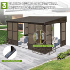 10x14FT Lean to Sunroom Enclosed Gazebo with Gutters,Wall Mounted Sun Room, Solarium with Galvanized Steel Sloping Roof &Detachable PC Screens, 3 Sliding Doors Sun Rooms for Patio, Deck -Brown