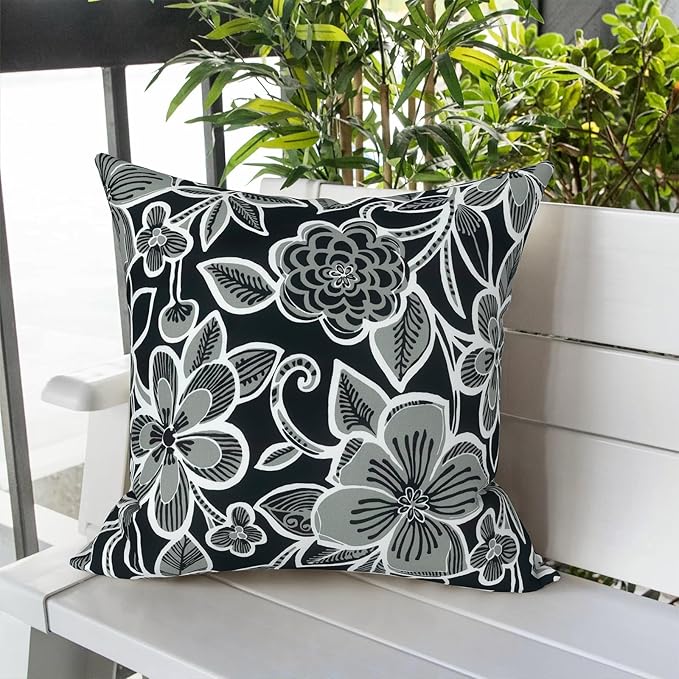 LVTXIII Outdoor Throw Pillows, Decorative Throw Pillows with Inserts, 20"x20" Square Pillows for Bed, Couch, Sofa and Patio Furniture, Set of 2, Flower Black