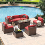 Aoxun 8 Piece Patio Furniture Set with 44” Fire Pit Table Wicker Rattan Outdoor Sectional Sofa Set with Coffee Table and Thickened Cushions, Red (Waterproof Cover Included)