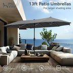PHI VILLA 13ft Large Patio Umbrellas, Double-Sided Outdoor Market Rectangle Umbrella for Outside, Light Gray