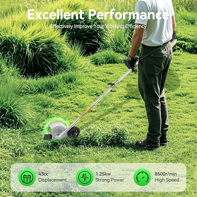 Gas Powered String Trimmer, 2 Stroke Air-Cooled Cordless Lawn Edger Gasoline Weed Eater with 2 Blade Heads for Garden Lawn Grass Hedge Trimmer (43CC, 1.25KW)