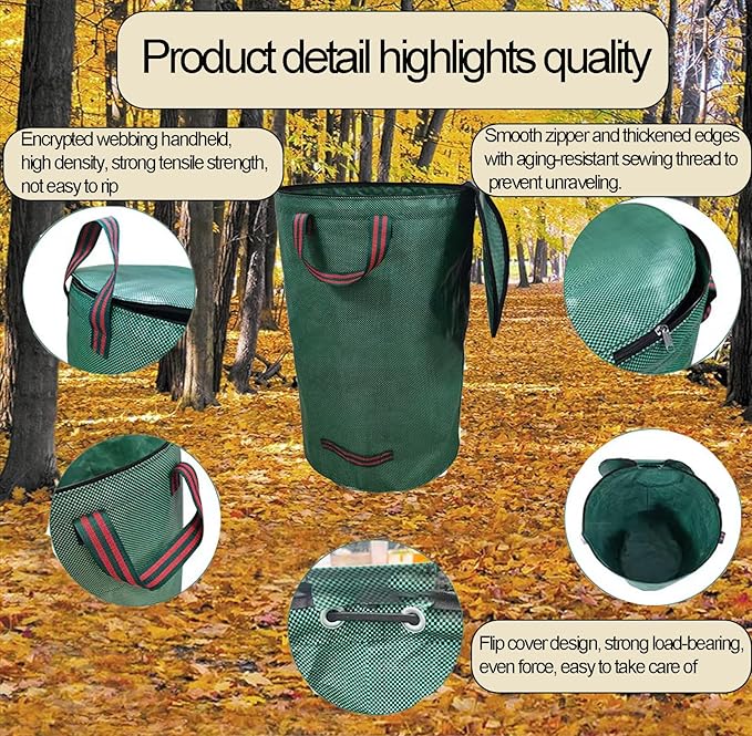 Garden Bags for Leaves, Leaf Bags Reusable Zippered Top with Yard Leaf Collector Bag Heavy Duty with 4 Handles Garden Leaf Bag Leaf Collector Come with Gloves (32Gallon)