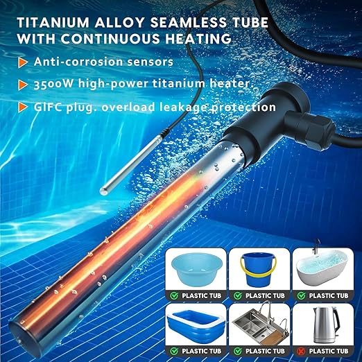 3500W 240V Titanium Fully Submersible Portable Electric Immersion Large Pool Water Heater Waterproof Hot Tub Heater with LCD Thermostat & GFCI Plug, for Swimming Pool, Bathtub, Baptistry, Bucket (OG)