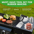 Smashed Burger Press Kit with Stainless Steel Press, Grill Spatula, Seasoning Shaker & Hamburger Patty Papers - Perfect for Blackstone Griddle, BBQs, and Gift Giving