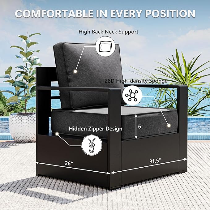 Outdoor Patio Furniture Set, 6-Piece Aluminum Patio Conversation Set All-Weather Metal Outdoor Sectional with 6 Inch Thick Cushions, Deep Setting for Garden, Outside and Porch