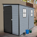 LANTRO JS 4x8FT Plastic Storage Shed with Floor, Outdoor Storage Shed with Floor Included, with 2 Windows and Lockable Door, Backyard Storage Sheds for Garden Tools, Bike, Gray and Black