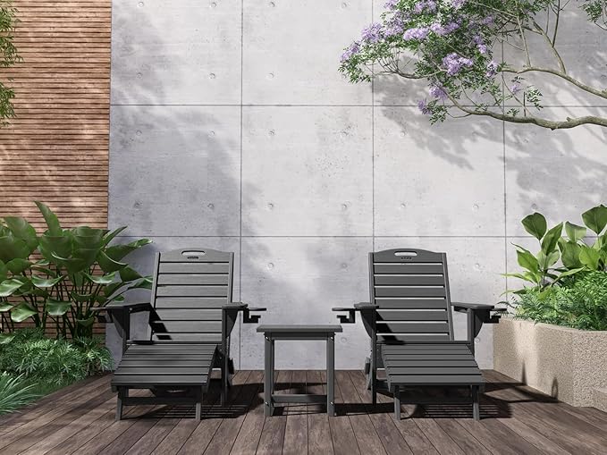 Folding Adirondack Chairs Set of 2,Adirondack Chair with Retractable Ottoman,Plastic Adirondack Chairs with 2 Cup Holder,Weather Resistant Patio Chair,Outdoor Chairs Set of 2(Grey)