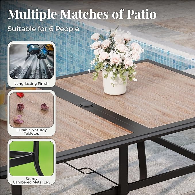 7 Pieces Patio Table and Chairs Set, Outdoor Dining Furniture Set for 6, 6 Blue Textilene Chairs and 61" Wood-Like Table Top with Umbrella Hole, for Deck Backyard Lawn