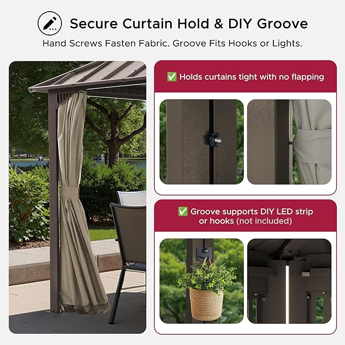 SUNJOY Kingston 10' x 10' Hardtop Gazebo with Galvanized Steel Double Roof, Curtain and Netting, Brown Aluminum Posts Permanent Pavilion Gazebo for Garden, Patio, Deck, Lawn