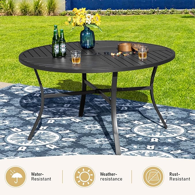 7 Piece Outdoor Dining Set for 6, 54" Round Metal Table with Umbrella Hole, 6 Red Dining Chairs, Patio Table and Chairs Set for Backyard Lawn