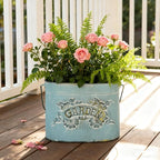 Vintage Distressed Blue Metal Planter Pot with Handles, Garden No.2 Embossed Design, Rustic Farmhouse Flower Bucket for Indoor Outdoor Gardening, Succulents, Herbs, Home Decor