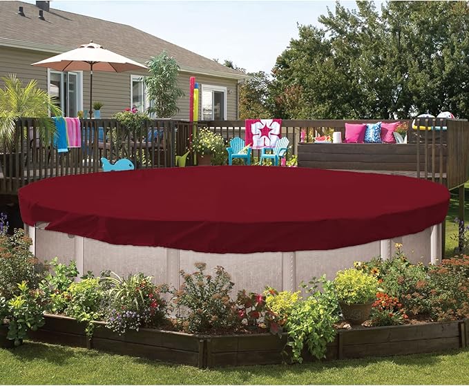 ECOOPTS 12 ft Waterproof Round Polyester Pool Cover for Above Ground Pools, Swimming Pool Cover Protector Winter Safety Cover (Red)